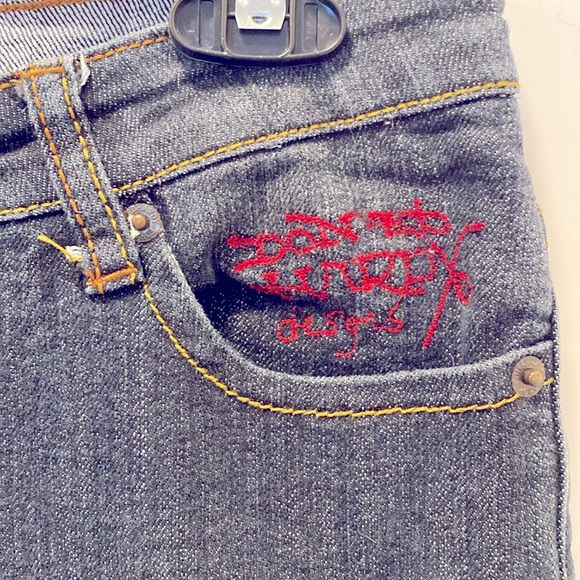 Ed Hardy Blue Jeans Embroidered with Skulls Dungarees - Picture 3 of 5